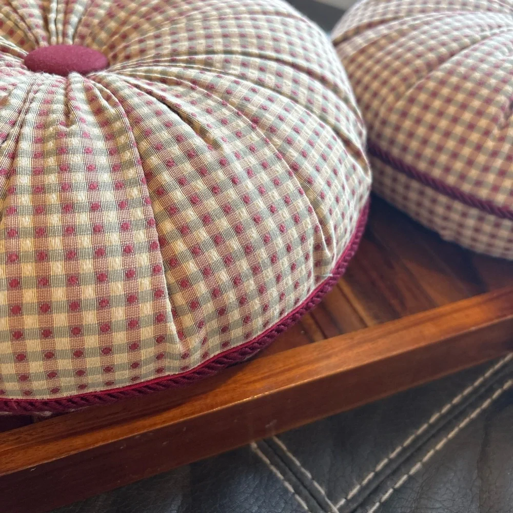 Vintage Plaid Checkered Tufted Throw Pillow Set with Piping Burgundy Cottage